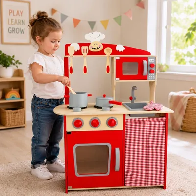 Produktbild von Kinderküche | Spielküche W10C072 | Kinderküche Holz | Kinderküchen Holz ab 3 Jahre | Spielküche mit Zubehör | Rot Spielküche Hergestellt aus MDF-Platt