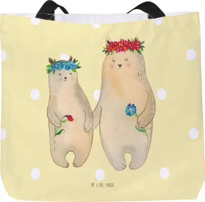 Produktbild von Mr. & Mrs. Panda Schultasche Bären mit Blumenkranz - Gelb Pastell - Geschenk, Tasche, Mama, Reisetasche, Tote Bag, Family, Bruder, Kinder, Strandtasche, Familie