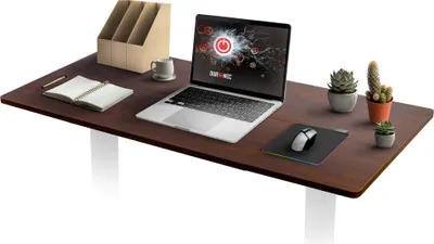 A wooden desk with a laptop, notebook, mug, pencil, mouse, mousepad, and small potted plants.