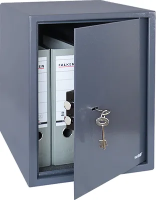 A gray safe with its door open, revealing two binders inside. A key is in the lock.