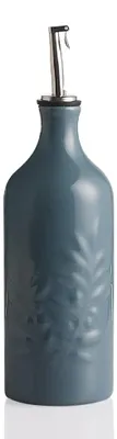 Keramik-Ölflasche 570 ml, Olivenblatt-Relief, nebelblau