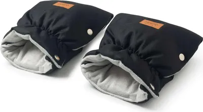 A pair of black hand warmers for a stroller, shown on a white background.