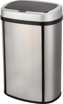 A stainless steel automatic kitchen trash can with a black lid.