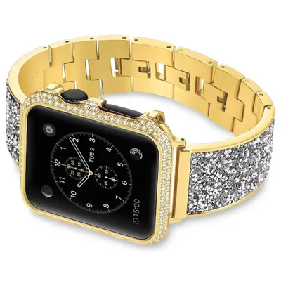 Produktbild von FFO2World Luxus-Metallarmband für Apple Watch 42–49 mm (Serie 1–11, Ultra) – Funkelndes, gebogenes Armband mit Strasssteinen – Gold
