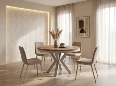 Produktbild von Runder Ausziehbarer Esstisch im Loft-Stil - Industrieller Tisch mit Grau-Beige Kaschmir Metallbeinen - Platzsparender Tisch für Wohnzimmer - Craft Eiche - 120 bis 200 cm