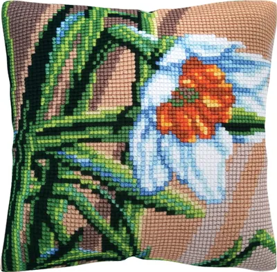 Produktbild von CDA Kreuzstichkissen Stickpackung "Weiße Narzisse", bedruckt, 40x40cm