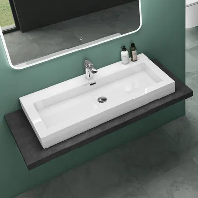 Produktbild von Mai&Mai, Mineralguss Waschbecken, Hänge-Waschtisch & Aufsatz-Waschschale, Weiß, rechteckig, 1 Armaturenloch, 100x48x10 cm, col18