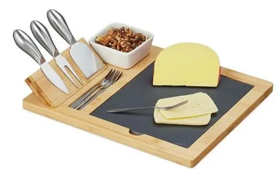 Produktbild von Famanu Käseplatte mit Schieferplatte und Käsemessern - Bambus Servierplatte - Natur/Schwarz