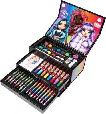 Image de Coffret de peinture créative Rainbow High, 42 pièces, crayons de cire, feutres, aquarelles et accessoires, dans une mallette, marron