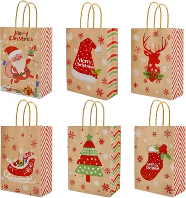 Weihnachts-Geschenktüten, 12 Stück, Kraftpapier, braun, mit Griff