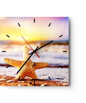 Produktbild von Wanduhr - Quadrat - Glasuhr - Starfish Strand Sand Ozean - 30x30cm - Schleichendes Uhrwerk - Lautlos - zum Aufhängen bereit - Dekoration Modern - Wanddekoration aus Glas - C3AC30x30-2815