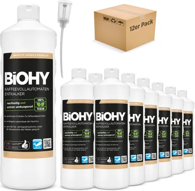Produktbild von BiOHY Kaffeevollautomaten Entkalker (12x1l Flasche) + Dosierer | Ideal zur Entkalkung von allen Kaffeemaschinen & Espressomaschinen | Ca. 20 Entkalkungsvorgänge/Flasche