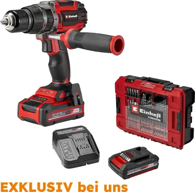 A cordless hammer drill with accessories, including a battery, charger, and a case of drill bits, displayed on a white background.
