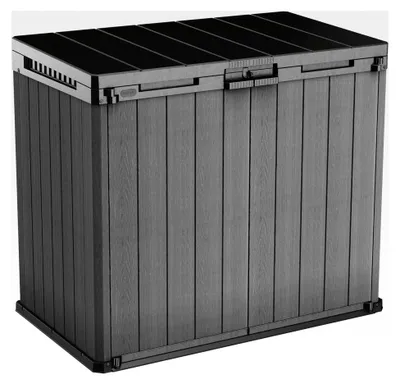 Produktbild von Aufbewahrungsschrank 1150L - Wetterfeste Mülltonnenbox in Holzoptik - Abschließbare Gartenbox für 2x 240L Tonnen - 141x82x118cm Grau