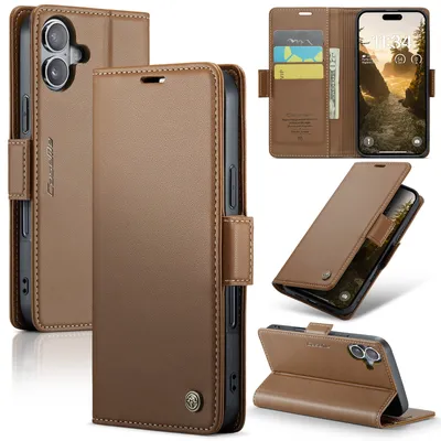 Image de Étui pour iPhone 16 Plus, carte de blocage RFID, étui en cuir avec fonction stand Marron