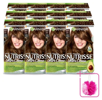 Imagen del producto de 12 unidades de tinte para el cabello Garnier Nutrisse Ultra Crème, tono 5.3, color castaño dorado claro, pack ahorro