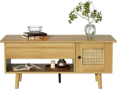 Immagine prodotto di Tavolino in legno Fortuna Lai con piano ribaltabile e rattan, maniglie nere, tavolino con vano portaoggetti