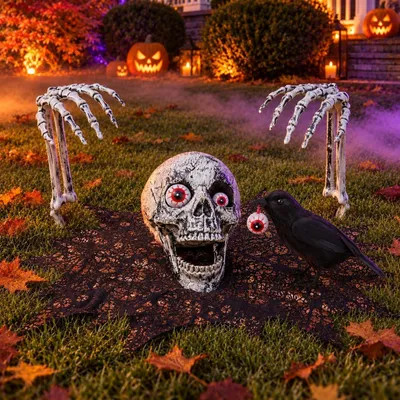 Immagine prodotto di Decorazioni per Halloween: scheletro da esterno per giardino, decorazione con teschio a due mani