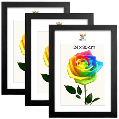 Produktbild von MG Design 3er Set Bilderrahmen Schwarz 24x30 cm - Echtholzrahmen mit Acrylglas, hoch/quer, zum Aufhängen & Aufstellen