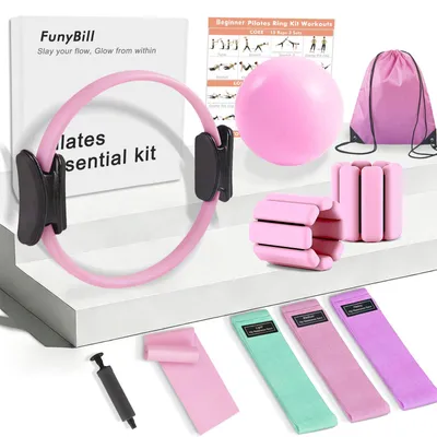 Image de Ensemble Pilates avec anneau, haltères pour chevilles et poignets, et bandes de résistance, couleur rose, pour une utilisation à domicile