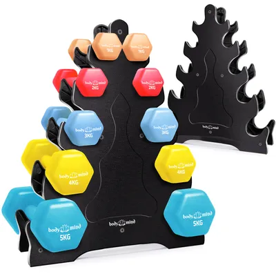 Produktbild von Body & Mind Neopren Hanteln 2er Set 1-5 kg (10 Hanteln) inkl. Hantelständer 5 Ebenen - Kurzhanteln für Krafttraining & Fitness, Schwarz