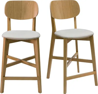 Produktbild von Miliboo - Barhocker helles Holz und beiger Stoff H65 cm (2er-Set) LUCIA