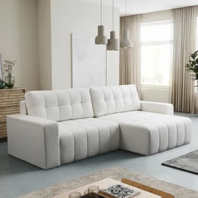 Produktbild von Ecksofa Palermo aus BRAVO Stoff – modernes Schlafsofa mit Bettfunktion, Bettkasten und universellem Aufbau, komfortable Wohnlandschaft (Weiß 21)