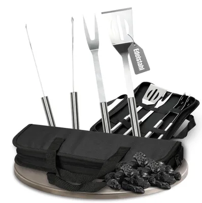 Produktbild von 3er Grillset aus Edelstahl - Grillzange, Grillgabel und Wender in praktischer Aufbewahrungstasche mit Tragegriffen - grau