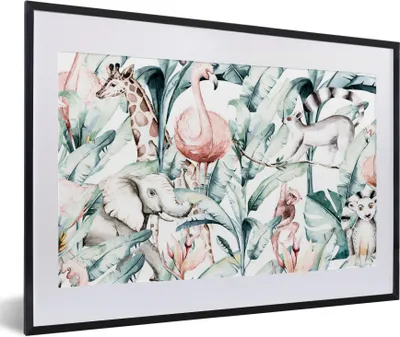 Produktbild von MuchoWow® MuchoWow® Gerahmtes Poster Aquarellieren - Tiere - Pflanzen - Dschungel - Jungen - Mädchen - Kinder 60x40 cm - Poster mit zchwarzem Bilderrahmen - Schlafzimmer - Plakat in Rahmen - Drucken