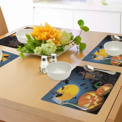 Produktbild von ABAKUHAUS Halloween Platzmatten, Gotisches Halloween-Geisterhaus-Party-Thema-Entwurf Süßes sonst gibt's Saures für Kinderdruck, Waschbarer und Farbfester Stoff für Esszimmer und Küche, Mehrfarbig