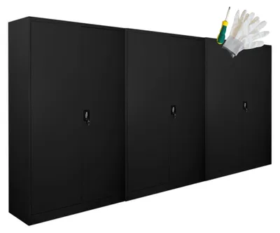 Produktbild von Mega Deal | 3x Flügeltürenschrank ELEPHANT komplett montiert | mit 2 Türen, abschließbar | HxBxT 180x120x40cm | 4 Ebenen | Stahl mit Pulverbeschichtung | Schwarz | Spind Aktenschrank Metallschrank Werkstattschrank Mehrzweckschrank