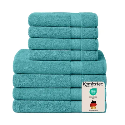 Produktbild von Komfortec 8er Handtuch Set aus 100% Baumwolle, 4 Badetücher 70x140 und 4 Handtücher 50x100 cm, Frottee, Weich, Towel Groß Aqua