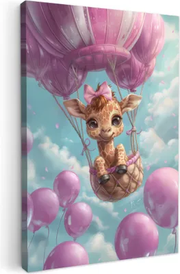 Produktbild von Leinwand Bilder 40x60 cm - Kinder Mädchen - Heißluftballon - Giraffe, Bilder Wohnzimmer Modern, Wanddeko