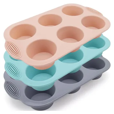 Produktbild von 3 Stück Silicone Muffin Trays (Grau, Rosa, Pfauenblau) Muffinblech丨Muffinblech Aus Silikon ,Silikonform Muffins für Cupcakes, Brownies, Kuchen, Pudding