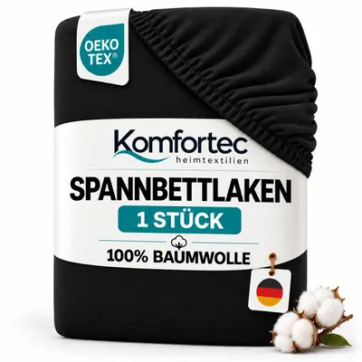 Produktbild von Komfortec Jersey Spannbettlaken 180x200 cm, 100% Baumwolle, Schwarz