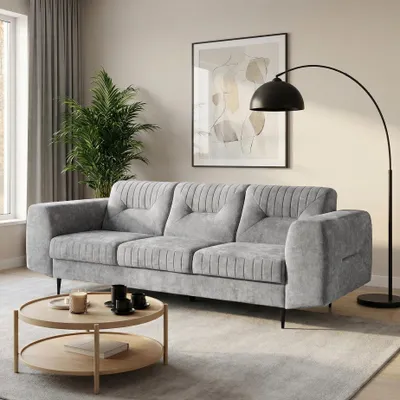 Produktbild von BEAUTYSOFA | 3-Sitzer Sofa VENEZIA Chenillestoff Grau – Polstersofa mit Metallbeinen Schwarz, Couch Wohnzimmer, modernes Sofa ohne Schlaffunktion