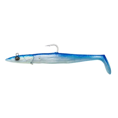 A fishing lure shaped like a sandeel, with a hook attached.