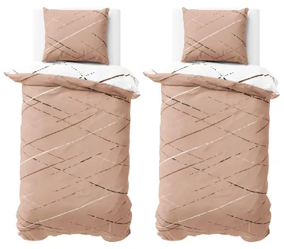 Produktbild von Bettwäsche 135x200 cm Baumwolle Beige Weiß Streifen Bettbezug PolyBaumwolle Wendebettwäsche mit Reißverschluss 4 teilig