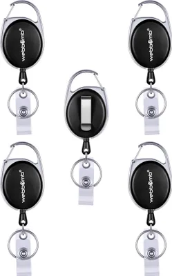 Produktbild von WEBBOMB 5x Ausweis Halter schwarz mit JOJO Gürtel Clip & Schlüsselring 5 Stück Set Kartenhalter Ausweisjojo für Betriebsausweis ID Badge Holder SkipassHalter Rollerclip