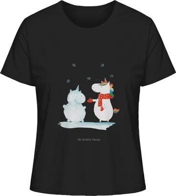 Produktbild von Mr. & Mrs. Panda Shirt Damen Einhorn Schneemann Größe L - Schwarz - Geschenk, Sommershirt, Kuchen, Unicorn, Kurzarmshirt, Mit Spruch, Mütze, Basic, Winter, Oberteil