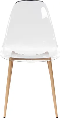 A clear, front-facing studio shot of a transparent chair with wooden legs.