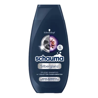A dark blue bottle of Schauma shampoo with silver and purple branding.