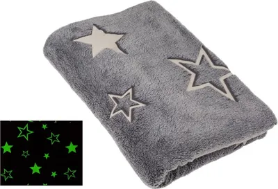 A folded gray blanket with star patterns is shown against a white background. A small inset image shows green stars on a black background.