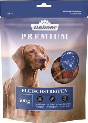 Produktbild von Dehner Premium Hundesnack, Leckerli getreidefrei / fettarm, Kausnack für ausgewachsene Hunde, Entenbrustfilet in Streifen, 500 g
