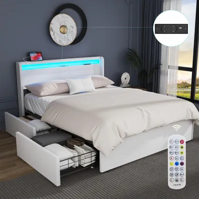 Produktbild von OYAJIA 140 cm x 200 cm Polsterbett LED-Beleuchtung Doppelbett mit Ladefunktion (USB&Typ-c),und 4 Schubladen,Jugendbett Bettgestll