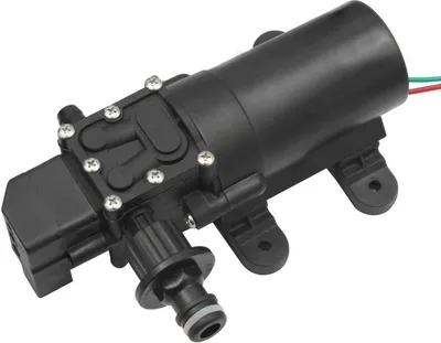 A black 12V water pump with a hose connector and wires, shown against a white background.
