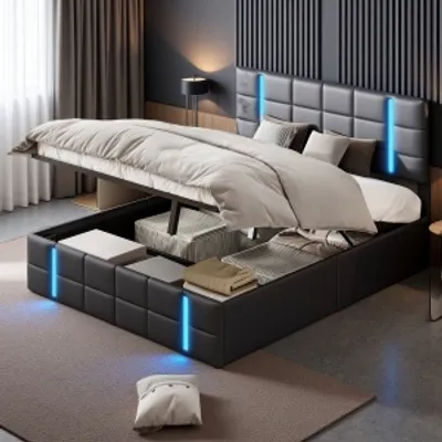 Obrázek produktu pro UnboxG Čalouněná postel 160x200cm s LED a USB/Type C, postel s hydraulickou skříňovou pružinou, lamelovým roštem, úložným prostorem a kovovým rámem, manželská postel pro mládež ,Polyuretančerná