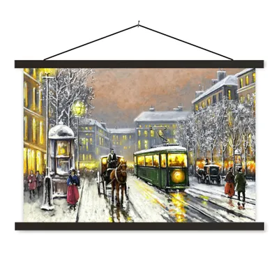 Produktbild von MuchoWow® Textilposter Gemälde - Ölgemälde - Winter - Straßenbahn - Pferd 90x60 cm mit schwarzem Rahmen - Aufhängungssatz