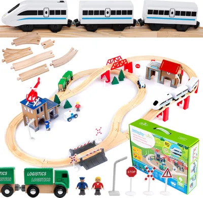 Produktbild von Kinderplay Holzeisenbahn Set - Elektrische Eisenbahn für Kinder, Elektrisch Spielzeug Zug, Polizeistation, Autobahn Kinder und Bahnset mit Brücke, GS0010