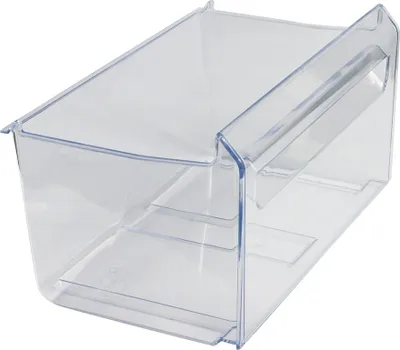 A clear plastic refrigerator drawer with a handle.
